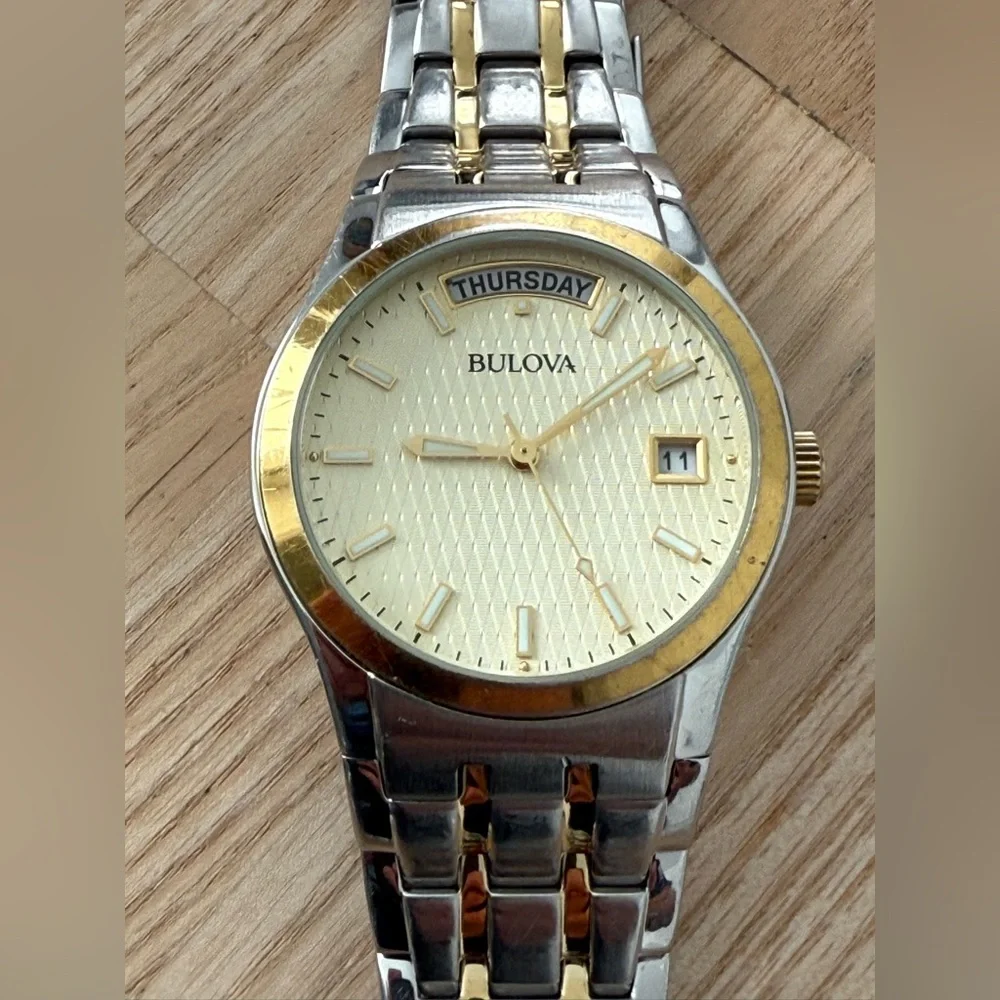 Bulova Luxury Men's Watch Gold Dial and Hands Two-Tone Bracelet Day Date Windows